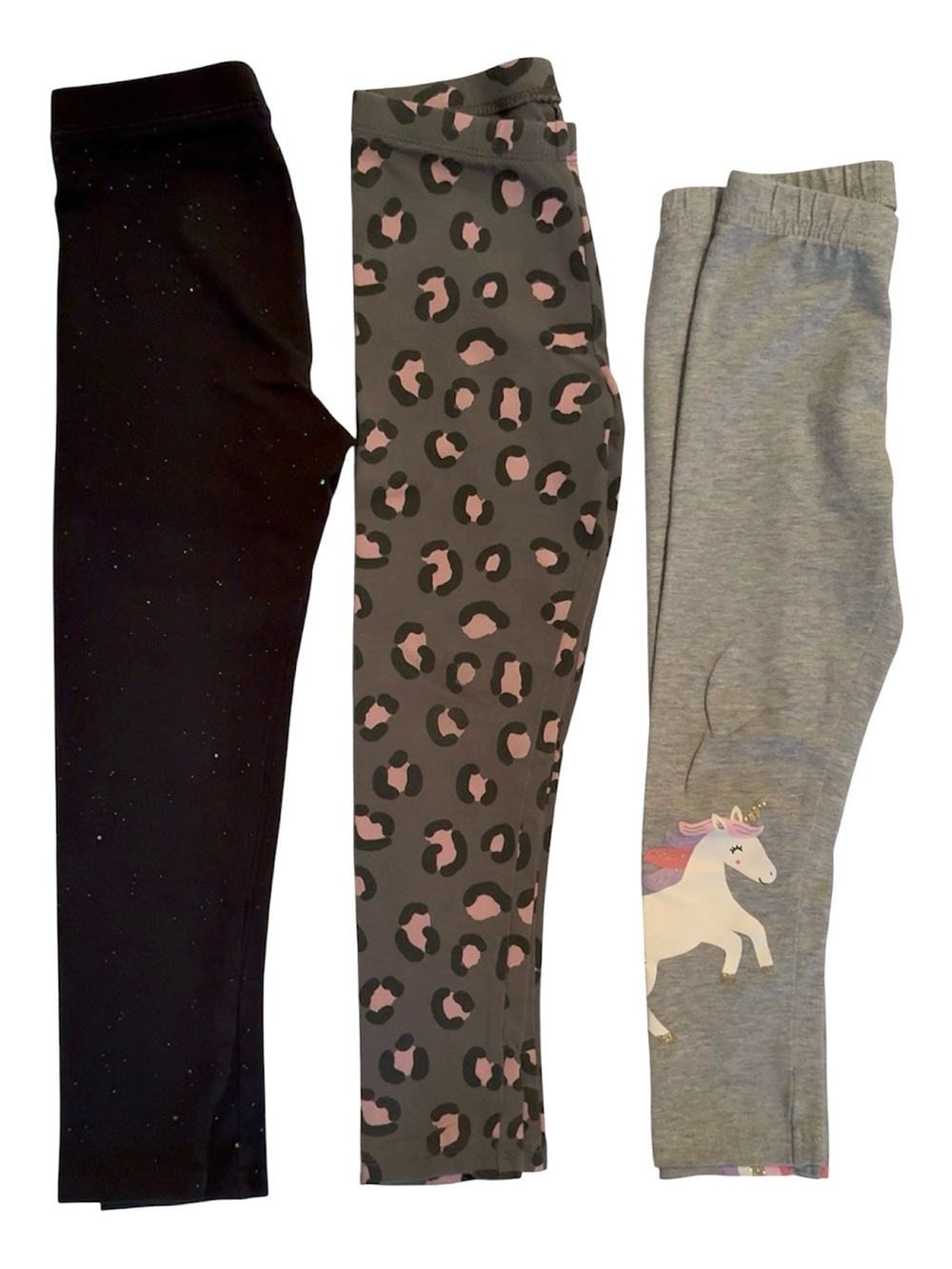 Girls Leggings Trio - Black Sparkle, Leopard Print, Grey Unicorn | Size 4